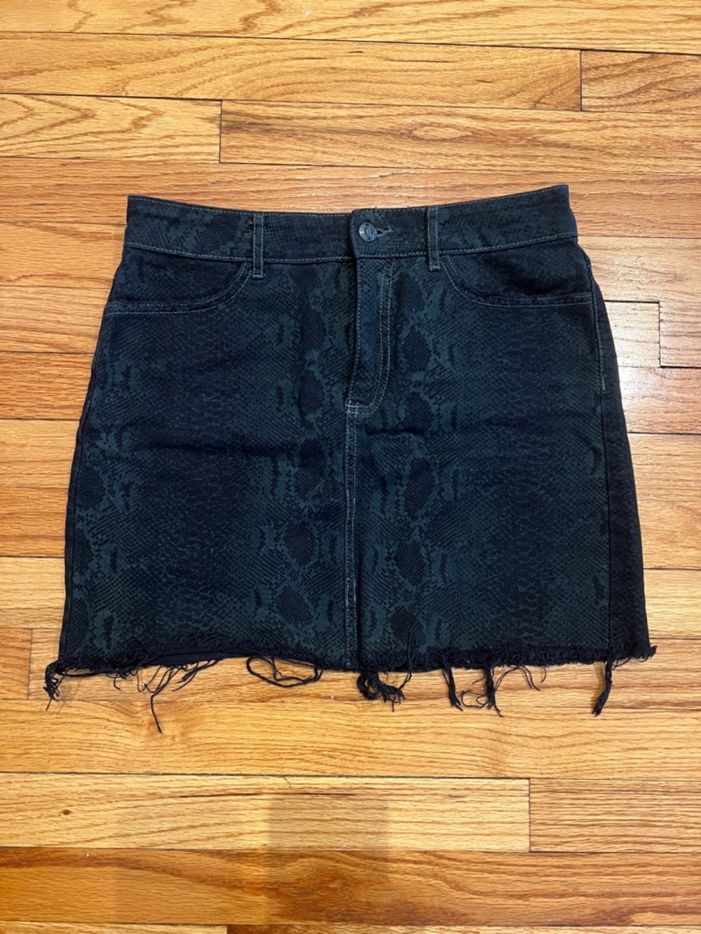 Charcoal Snake-Print Denim Mini Skirt with Frayed Hem- 100% Cotton